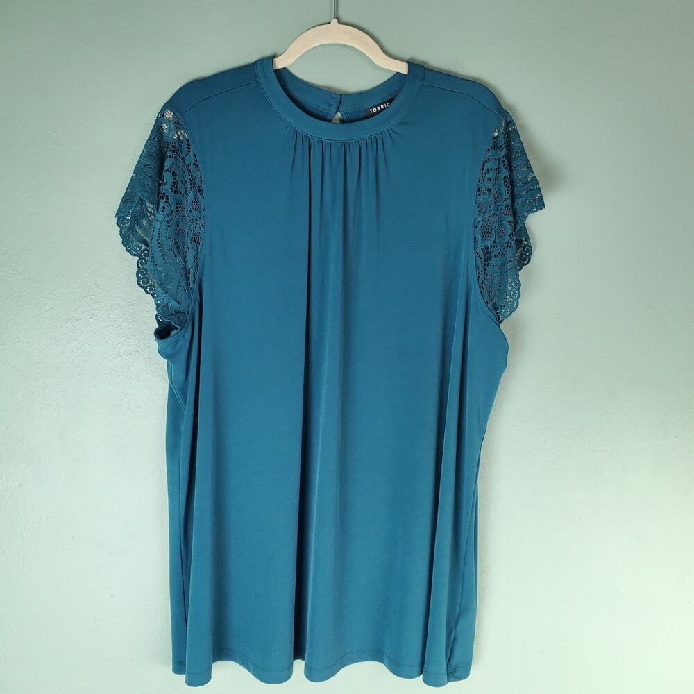 Torrid Womens Deep Teal Studio Knit Crew Neck Keyhole Lace Sleeve Top Size 4